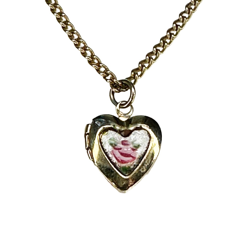 VINTAGE‎ Child's Enamel Rose Inlay Locket • gold tone, white, pink